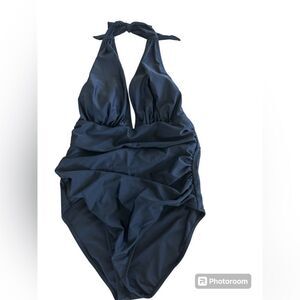 Cupshe Women's Plunge Halter Backless Ruched One Piece Swimsuit, XL, NWT, Black